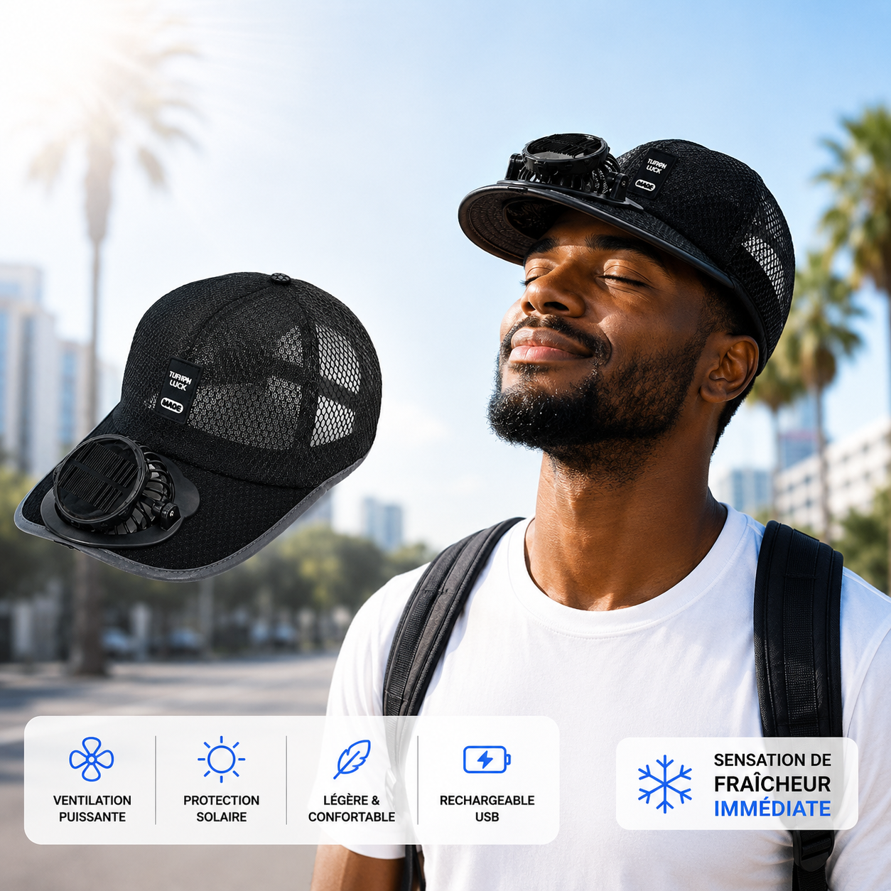 Casquette Ventilée Solaire™, avec port USB.